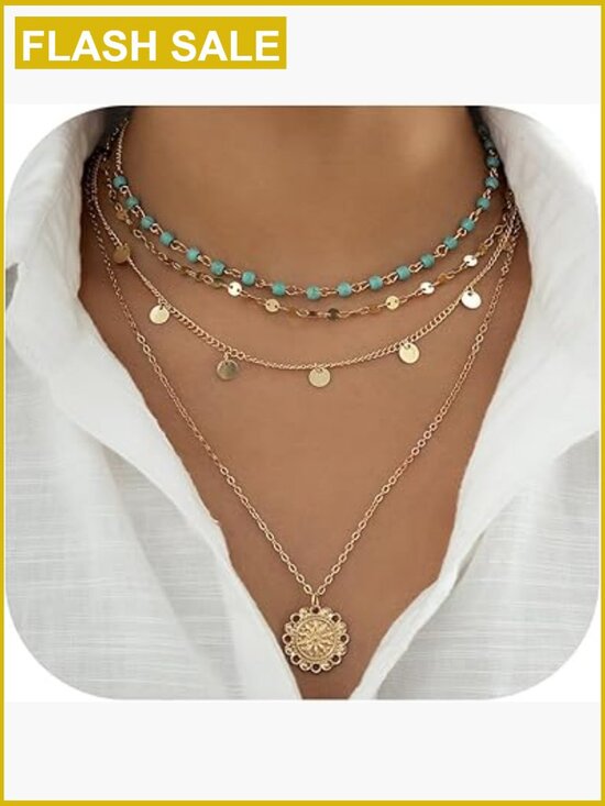 Jewelry - 14K Gold Plated Layered Choker Necklace Set with Turquoise Stone Pendants